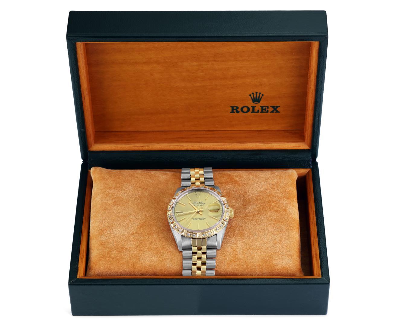 Rolex Mens Two Tone Champagne Index Dial Pyramid Diamond Bezel With Rolex Box