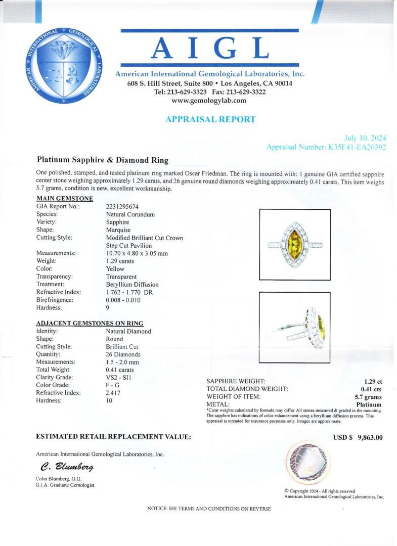 1.29 ctw Yellow Sapphire and 0.41 ctw Diamond Platinum Ring (GIA CERTIFIED)