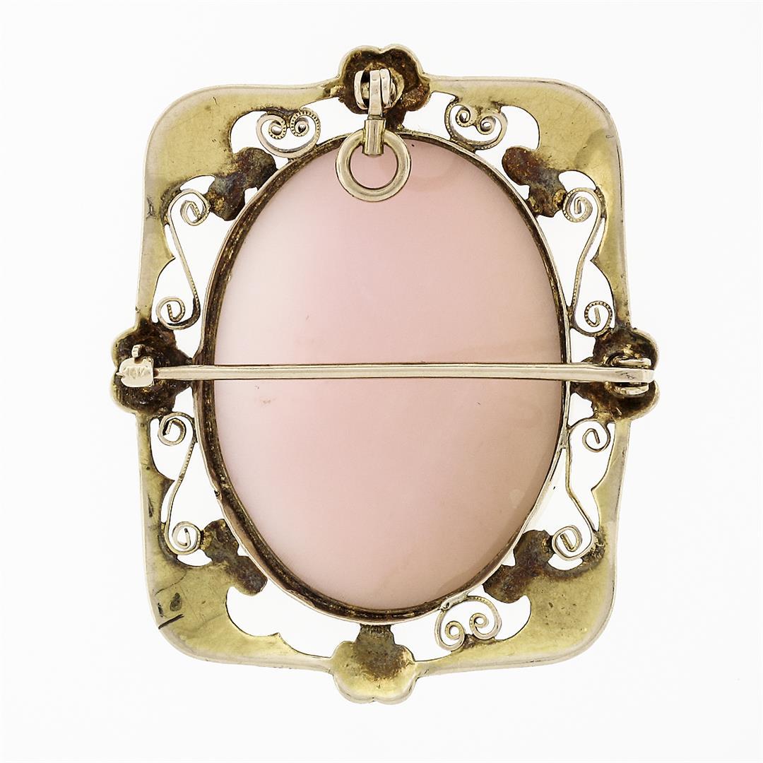 Antique Victorian 10k Gold Carved Pink Shell Cameo Brooch Pendant w/ Open Frame