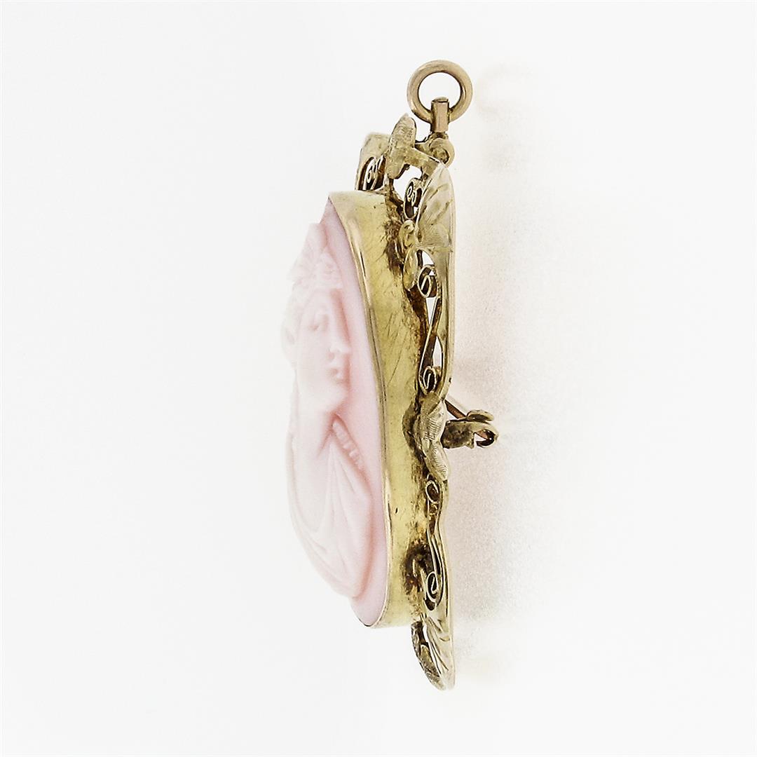 Antique Victorian 10k Gold Carved Pink Shell Cameo Brooch Pendant w/ Open Frame