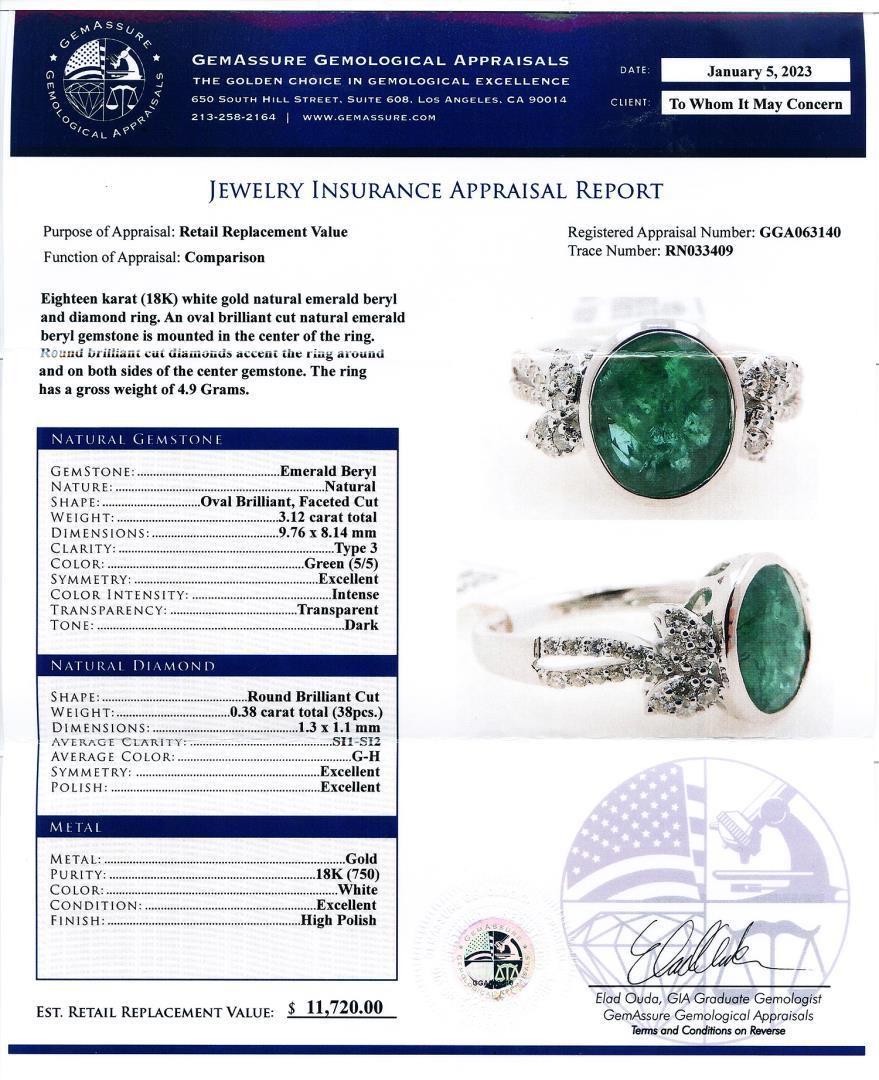 3.12 ctw Emerald and 0.38 ctw Diamond 18K White Gold Ring