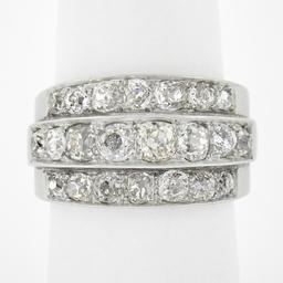 Antique Edwardian Platinum 2.75 ctw Chunky Old Mine Diamond 3 Row Wide Band Ring
