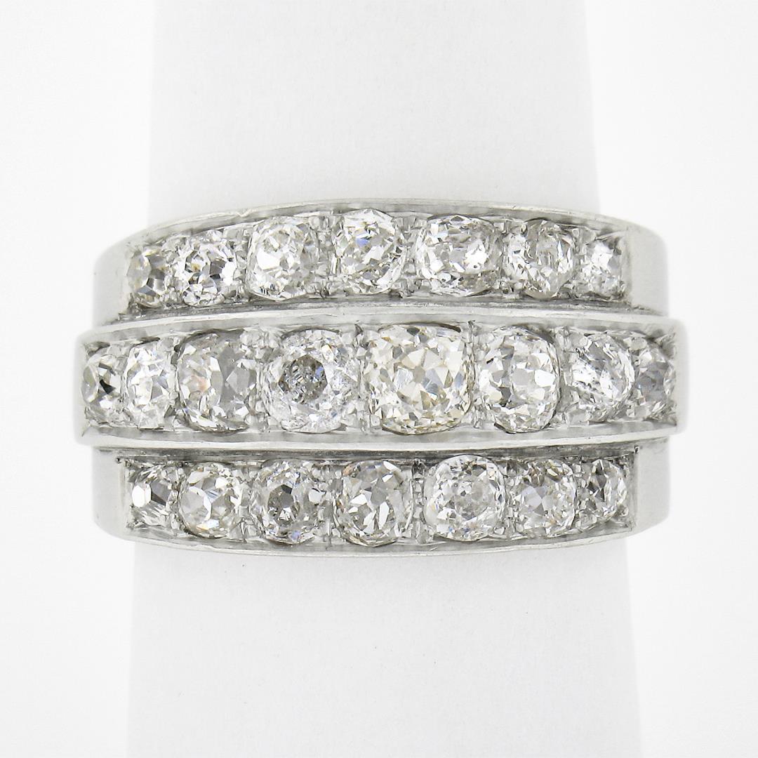 Antique Edwardian Platinum 2.75 ctw Chunky Old Mine Diamond 3 Row Wide Band Ring
