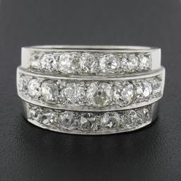 Antique Edwardian Platinum 2.75 ctw Chunky Old Mine Diamond 3 Row Wide Band Ring