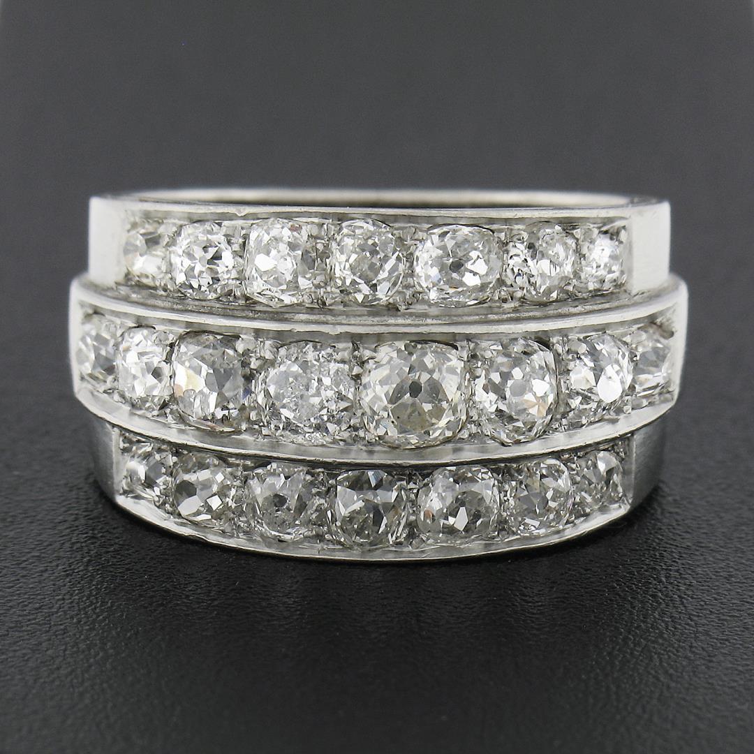 Antique Edwardian Platinum 2.75 ctw Chunky Old Mine Diamond 3 Row Wide Band Ring