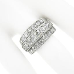 Antique Edwardian Platinum 2.75 ctw Chunky Old Mine Diamond 3 Row Wide Band Ring