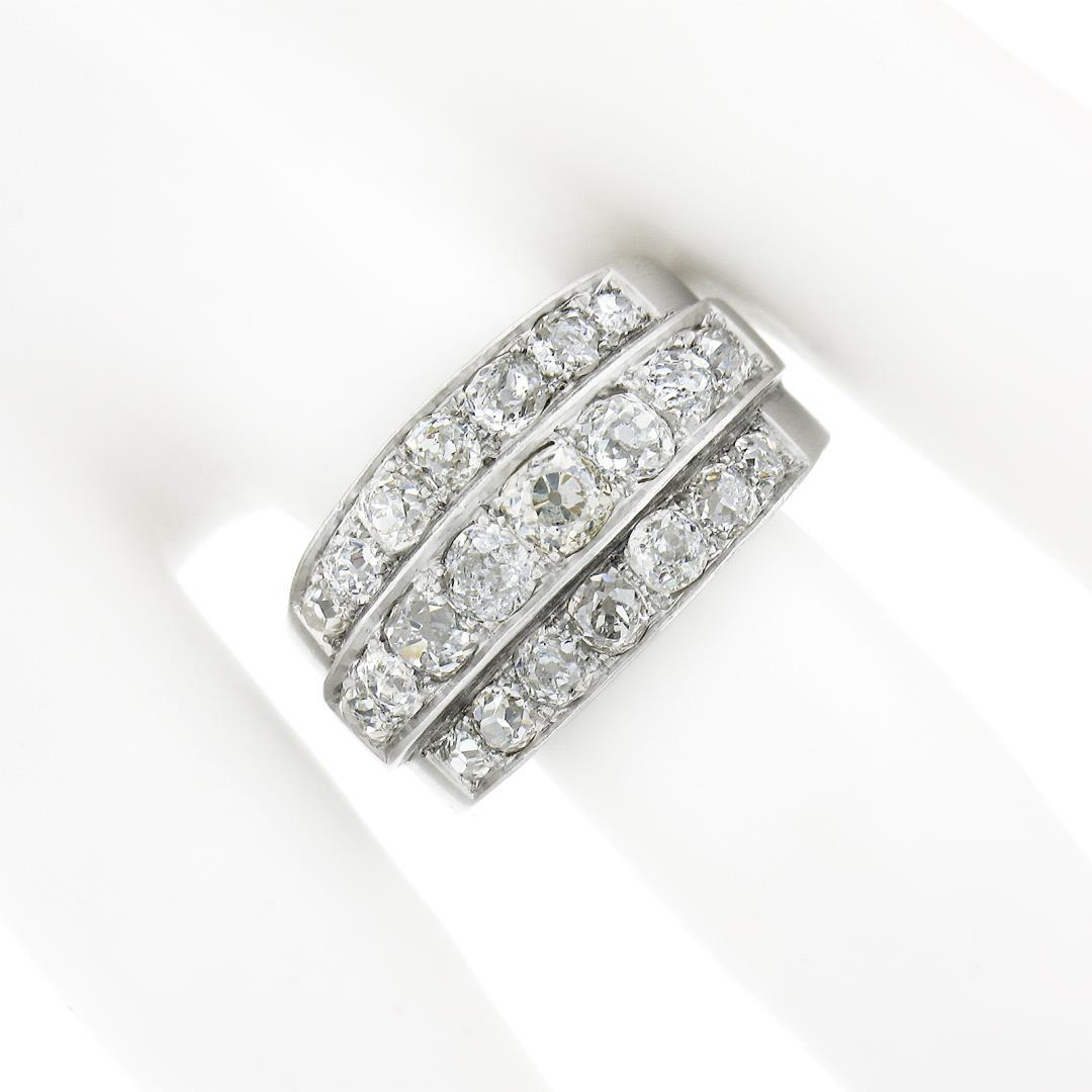 Antique Edwardian Platinum 2.75 ctw Chunky Old Mine Diamond 3 Row Wide Band Ring