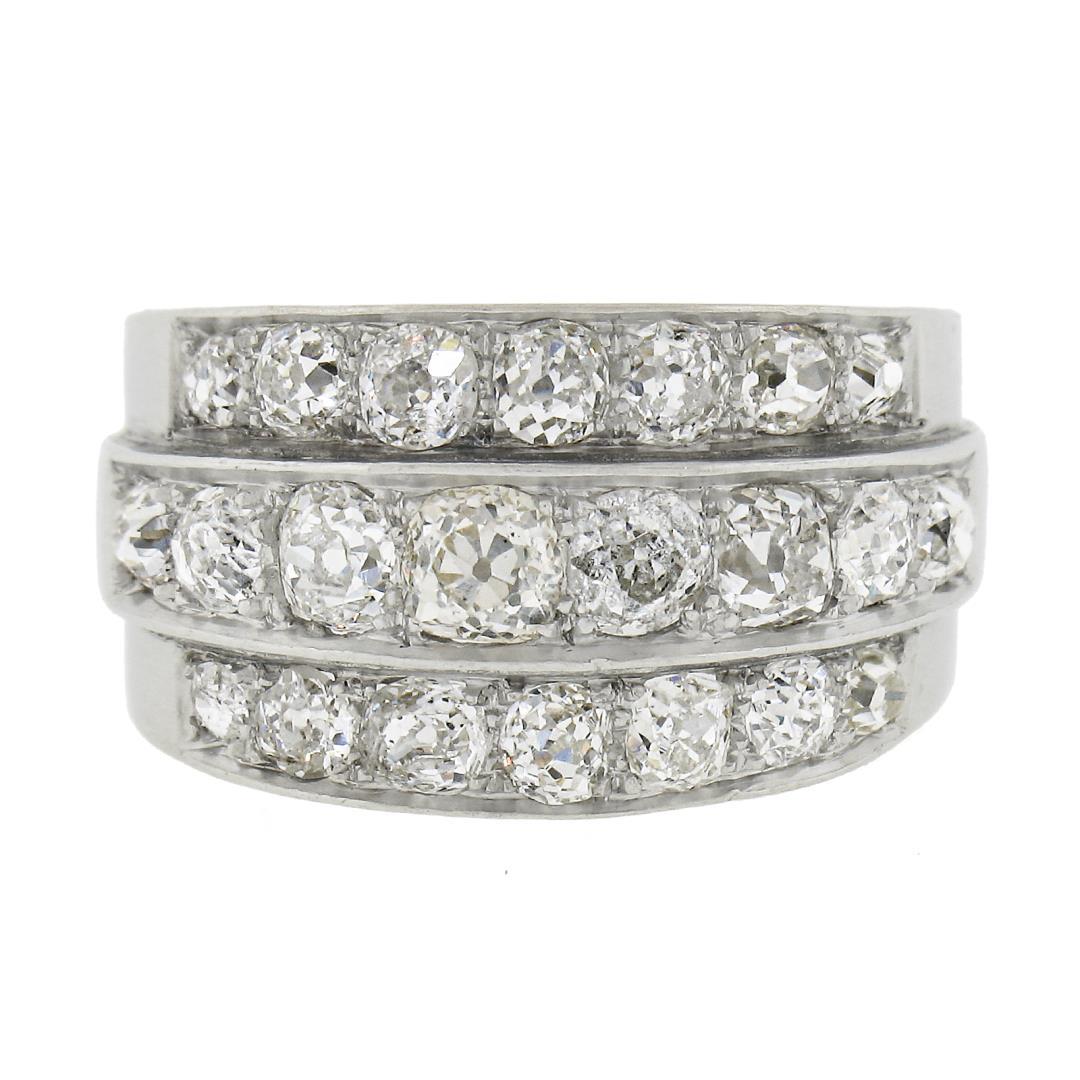 Antique Edwardian Platinum 2.75 ctw Chunky Old Mine Diamond 3 Row Wide Band Ring