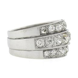 Antique Edwardian Platinum 2.75 ctw Chunky Old Mine Diamond 3 Row Wide Band Ring