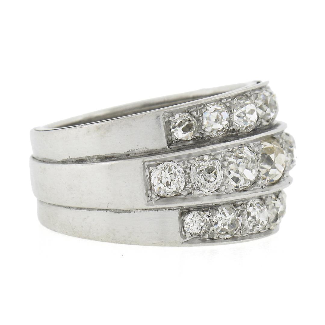Antique Edwardian Platinum 2.75 ctw Chunky Old Mine Diamond 3 Row Wide Band Ring