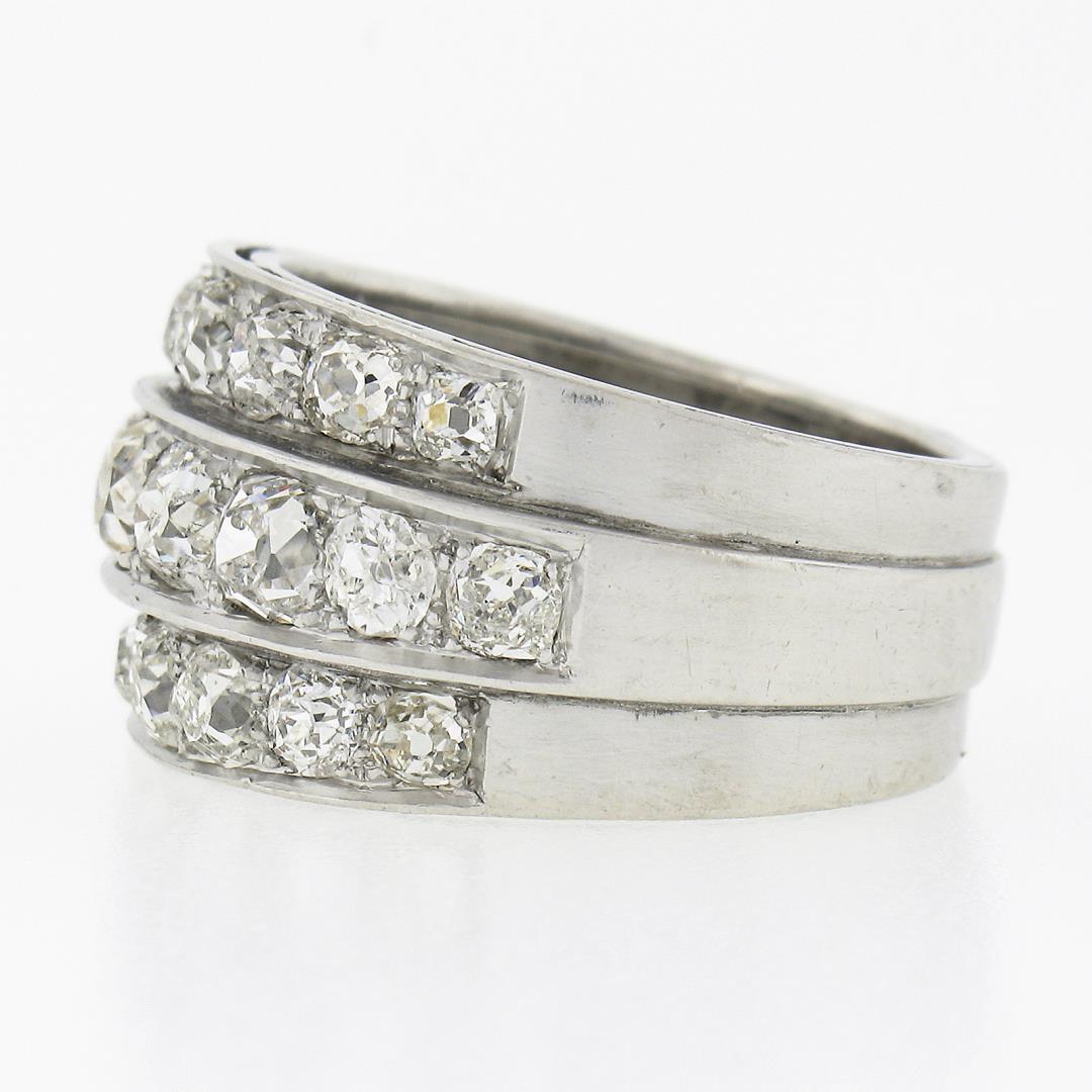 Antique Edwardian Platinum 2.75 ctw Chunky Old Mine Diamond 3 Row Wide Band Ring