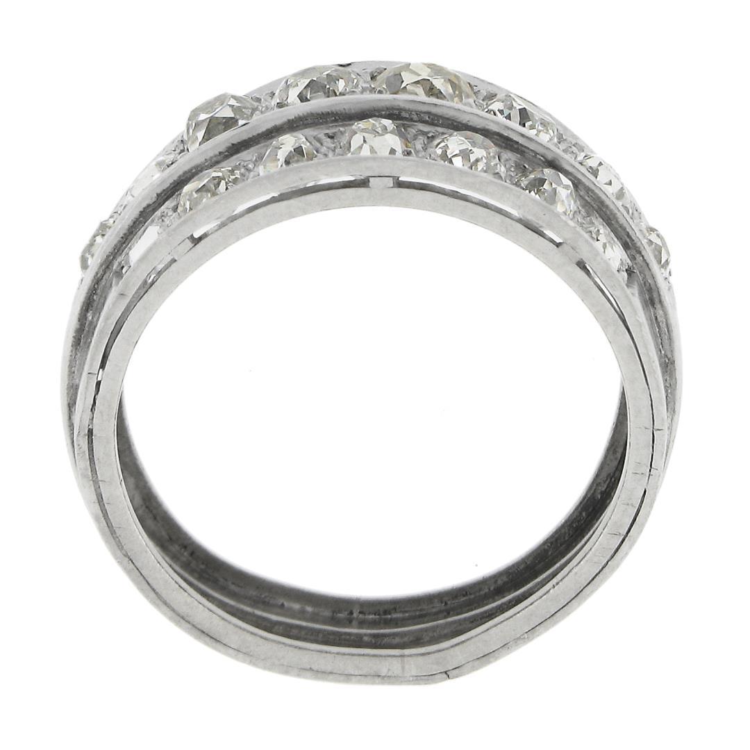 Antique Edwardian Platinum 2.75 ctw Chunky Old Mine Diamond 3 Row Wide Band Ring