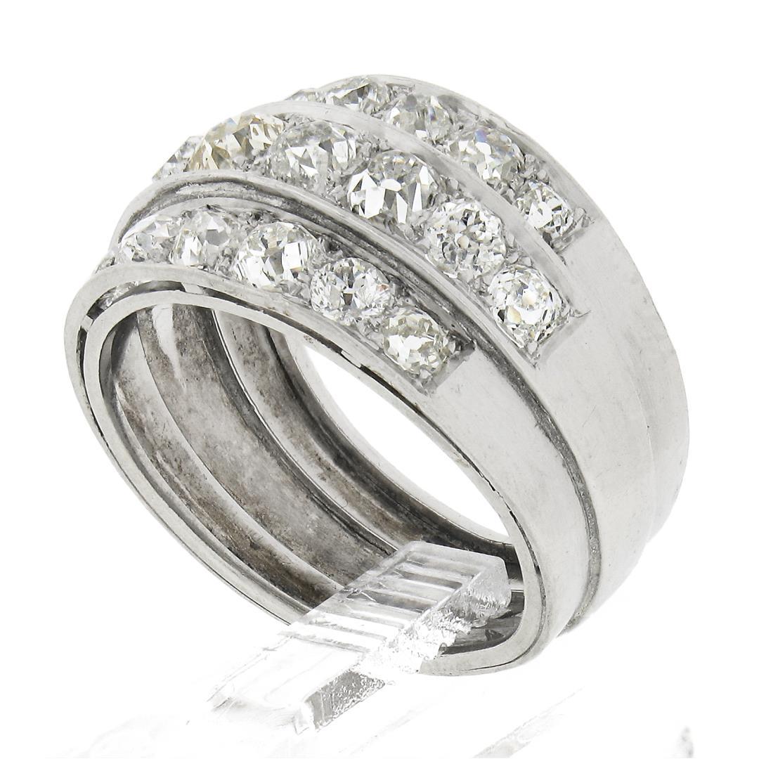Antique Edwardian Platinum 2.75 ctw Chunky Old Mine Diamond 3 Row Wide Band Ring
