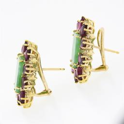 Vintage 18k Gold 8.60 ctw Rectangular Jade w/ Pear Ruby Diamond Statement Earrin