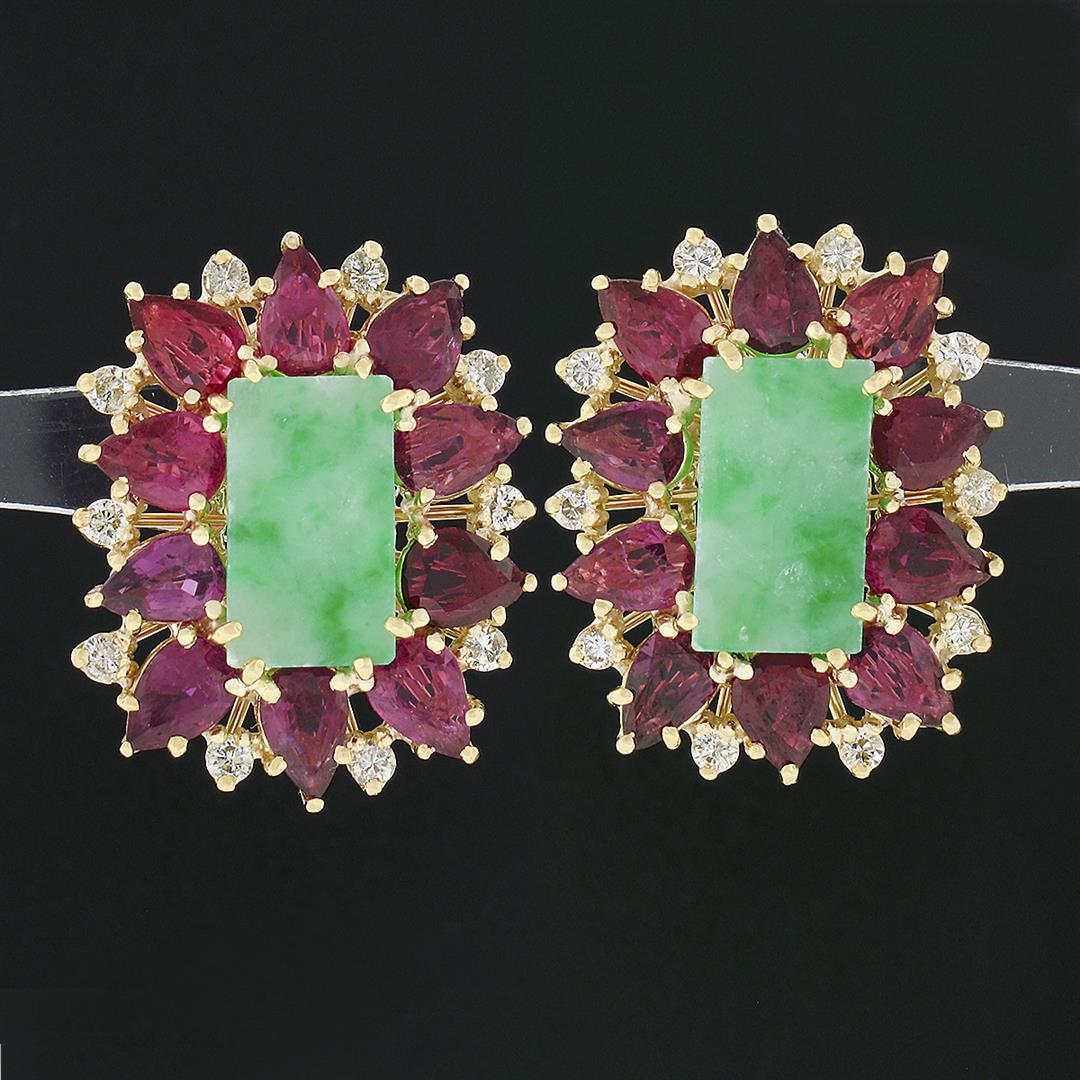 Vintage 18k Gold 8.60 ctw Rectangular Jade w/ Pear Ruby Diamond Statement Earrin
