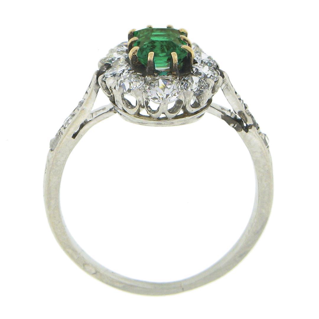 Antique Edwardian French Platinum Emerald & 0.66 ctw Old Cut Diamond Halo Ring