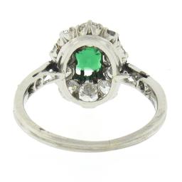 Antique Edwardian French Platinum Emerald & 0.66 ctw Old Cut Diamond Halo Ring