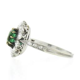 Antique Edwardian French Platinum Emerald & 0.66 ctw Old Cut Diamond Halo Ring