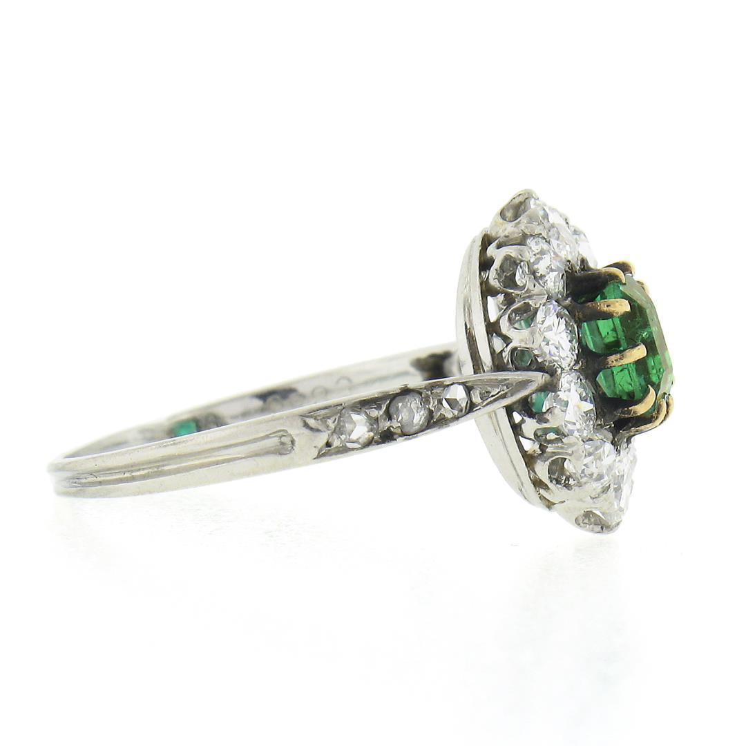 Antique Edwardian French Platinum Emerald & 0.66 ctw Old Cut Diamond Halo Ring