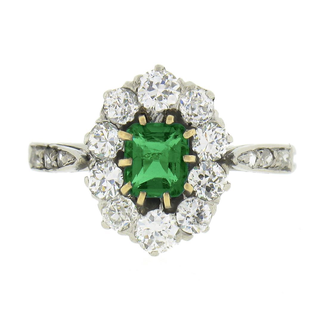 Antique Edwardian French Platinum Emerald & 0.66 ctw Old Cut Diamond Halo Ring
