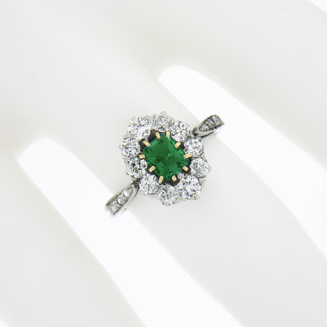 Antique Edwardian French Platinum Emerald & 0.66 ctw Old Cut Diamond Halo Ring