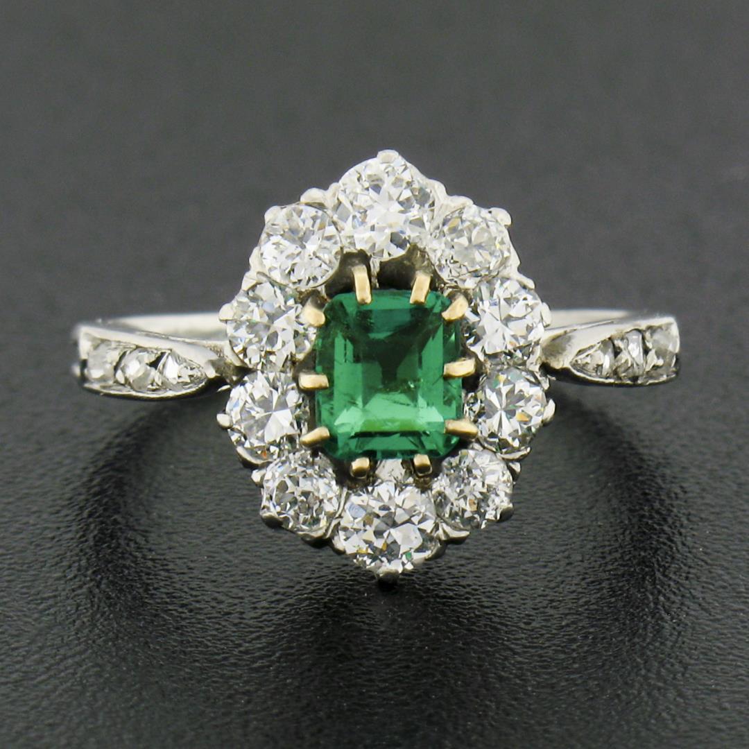 Antique Edwardian French Platinum Emerald & 0.66 ctw Old Cut Diamond Halo Ring