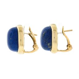 Large 14K Gold Cushion Cabochon Polished Lapis Lazuli Bezel Set Button Earrings