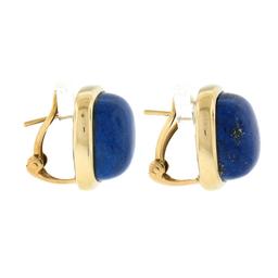 Large 14K Gold Cushion Cabochon Polished Lapis Lazuli Bezel Set Button Earrings