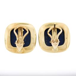 Large 14K Gold Cushion Cabochon Polished Lapis Lazuli Bezel Set Button Earrings