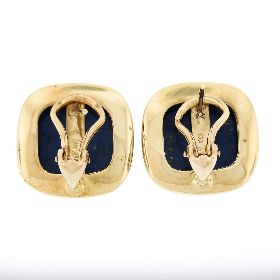 Large 14K Gold Cushion Cabochon Polished Lapis Lazuli Bezel Set Button Earrings