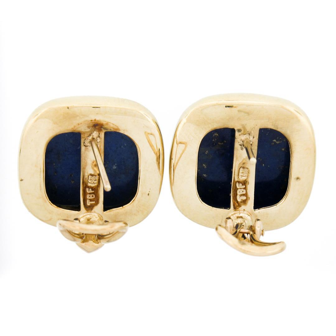 Large 14K Gold Cushion Cabochon Polished Lapis Lazuli Bezel Set Button Earrings