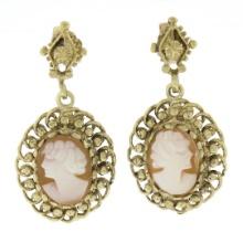 Vintage 14k Gold Fine Carved Shell Cameo W/ Twisted Wire Frame Dangle Earrings