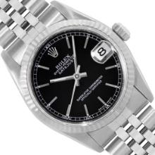 Rolex Ladies Stainless Steel Midsize 31MM Black Index 18K Gold Fluted Bezel Date