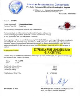 1.02 ctw UNHEATED Ruby and 0.14 ctw Diamond Platinum Ring (GIA CERTIFIED)
