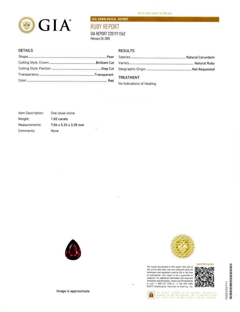 1.02 ctw UNHEATED Ruby and 0.14 ctw Diamond Platinum Ring (GIA CERTIFIED)