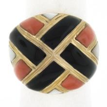 14K Yellow Gold Inlaid Black Onyx, Coral & Mother of Pearl Wide Domed Bombe Ring