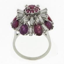 Vintage 18K White Gold 7 ctw Ruby & Baguette Diamond Tiered Cluster Cocktail Rin