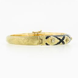 Vintage 14k Gold .18 ctw Diamond Black Enamel Engraved Hinged Open Bangle Bracel