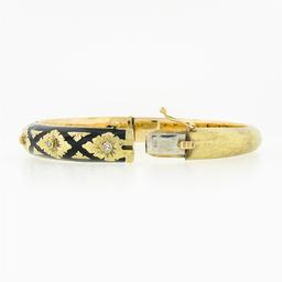 Vintage 14k Gold .18 ctw Diamond Black Enamel Engraved Hinged Open Bangle Bracel