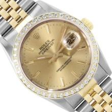 Rolex Mens Sapphire Two Tone Champagne Index Diamond Bezel Datejust Wristwatch W