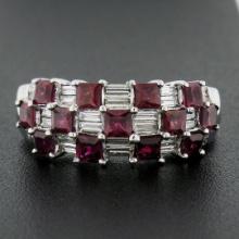 18K White Gold 2.65 ctw Square Ruby & Baguette Diamond Checkerboard Cocktail Rin