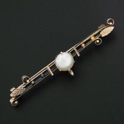 Antique 14k Rosy Yellow Gold Prong Pearl w/ Bead & Leaf Open Work Bar Pin Brooch