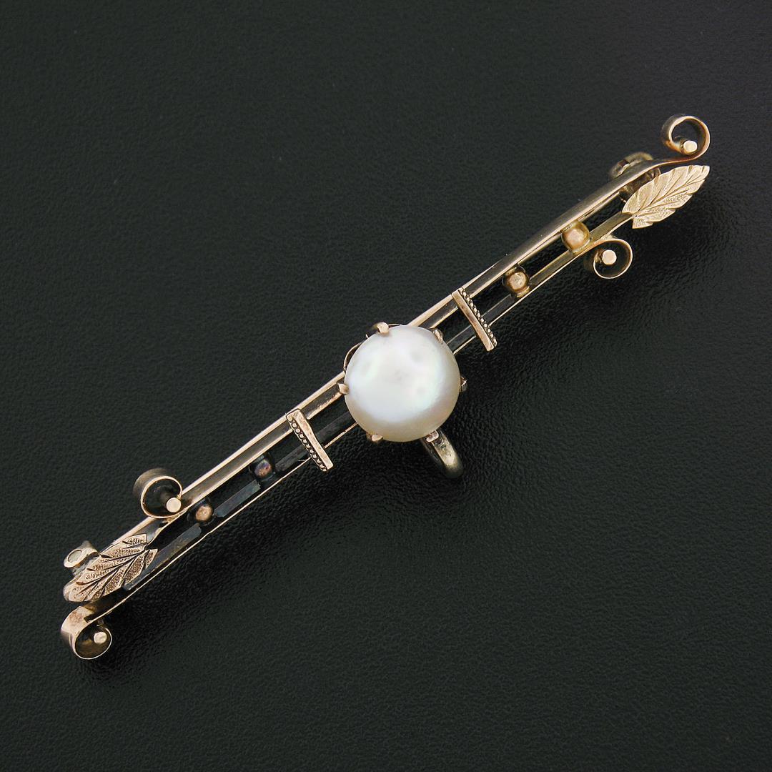 Antique 14k Rosy Yellow Gold Prong Pearl w/ Bead & Leaf Open Work Bar Pin Brooch