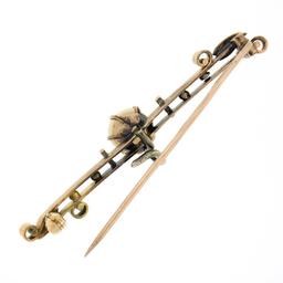 Antique 14k Rosy Yellow Gold Prong Pearl w/ Bead & Leaf Open Work Bar Pin Brooch