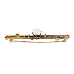 Antique 14k Rosy Yellow Gold Prong Pearl w/ Bead & Leaf Open Work Bar Pin Brooch