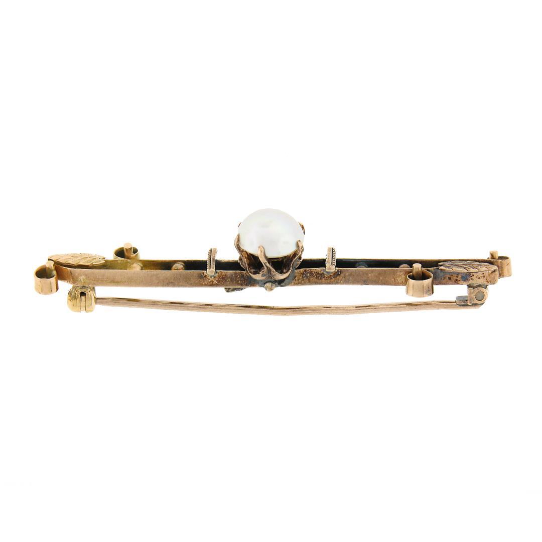 Antique 14k Rosy Yellow Gold Prong Pearl w/ Bead & Leaf Open Work Bar Pin Brooch