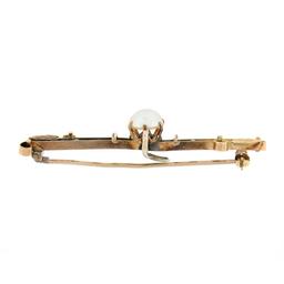 Antique 14k Rosy Yellow Gold Prong Pearl w/ Bead & Leaf Open Work Bar Pin Brooch