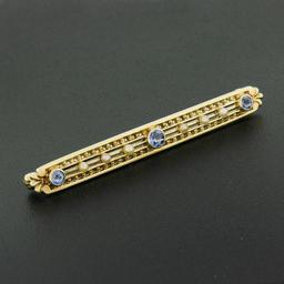 Antique 14k Yellow Gold Bezel Sapphire Seed Pearl Bead Open Work Bar Pin Brooch