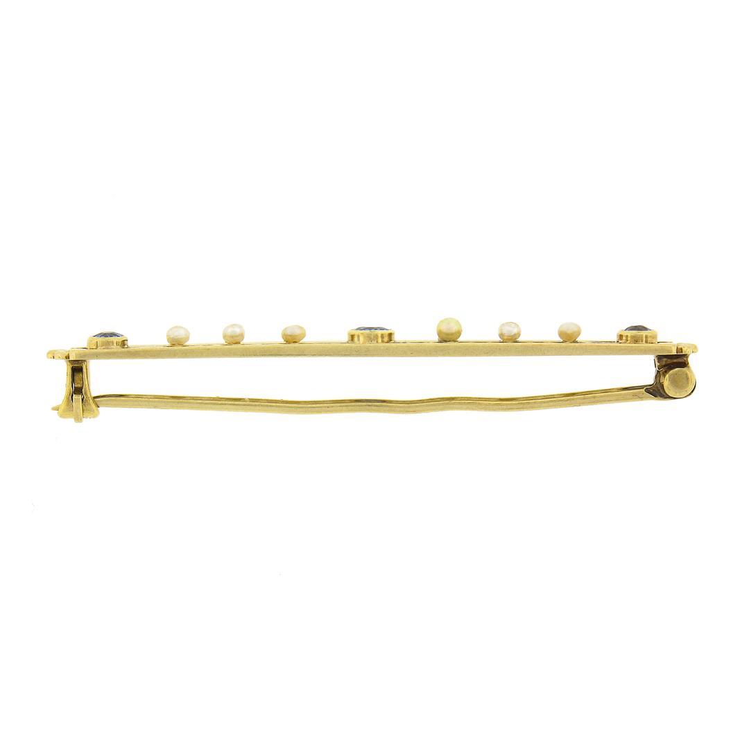 Antique 14k Yellow Gold Bezel Sapphire Seed Pearl Bead Open Work Bar Pin Brooch