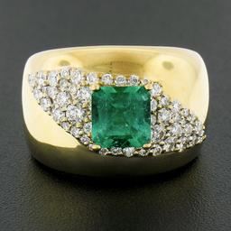 Estate 14k Gold 2 ctw Green Emerald & Diamond Wide Unique Polished Cigar Band Ri